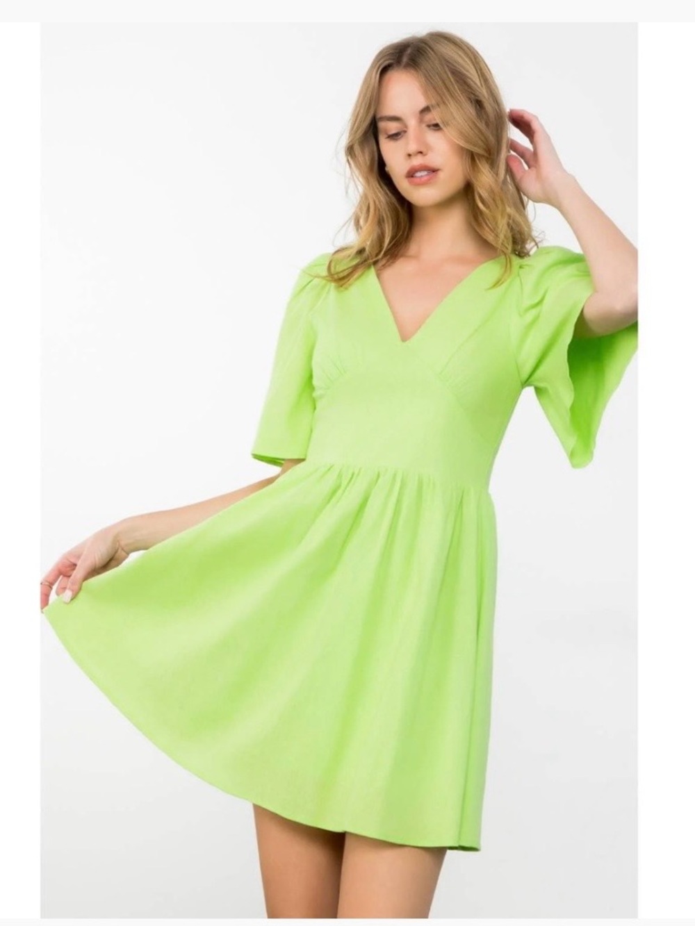 THML Lime Green V-Neck Mini Dress